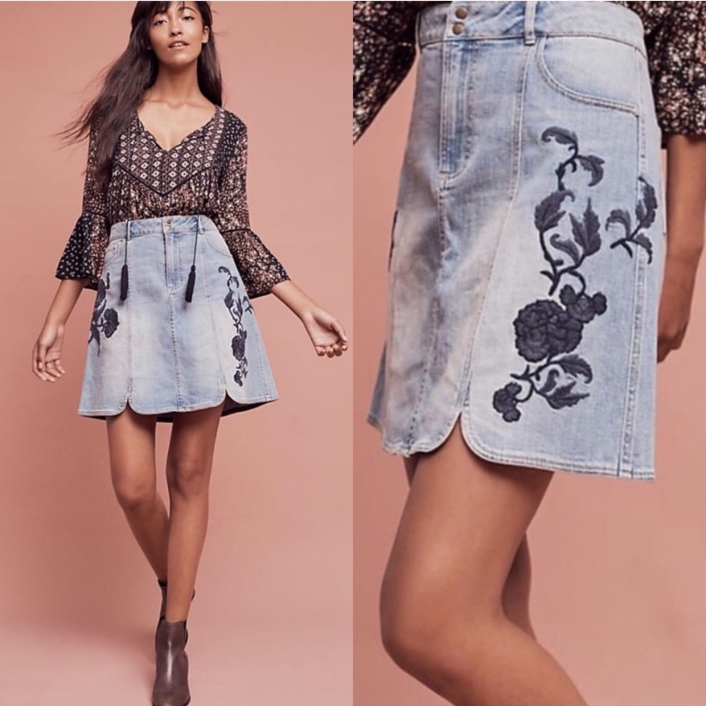Anthropologie Embroidered Denim Skirt